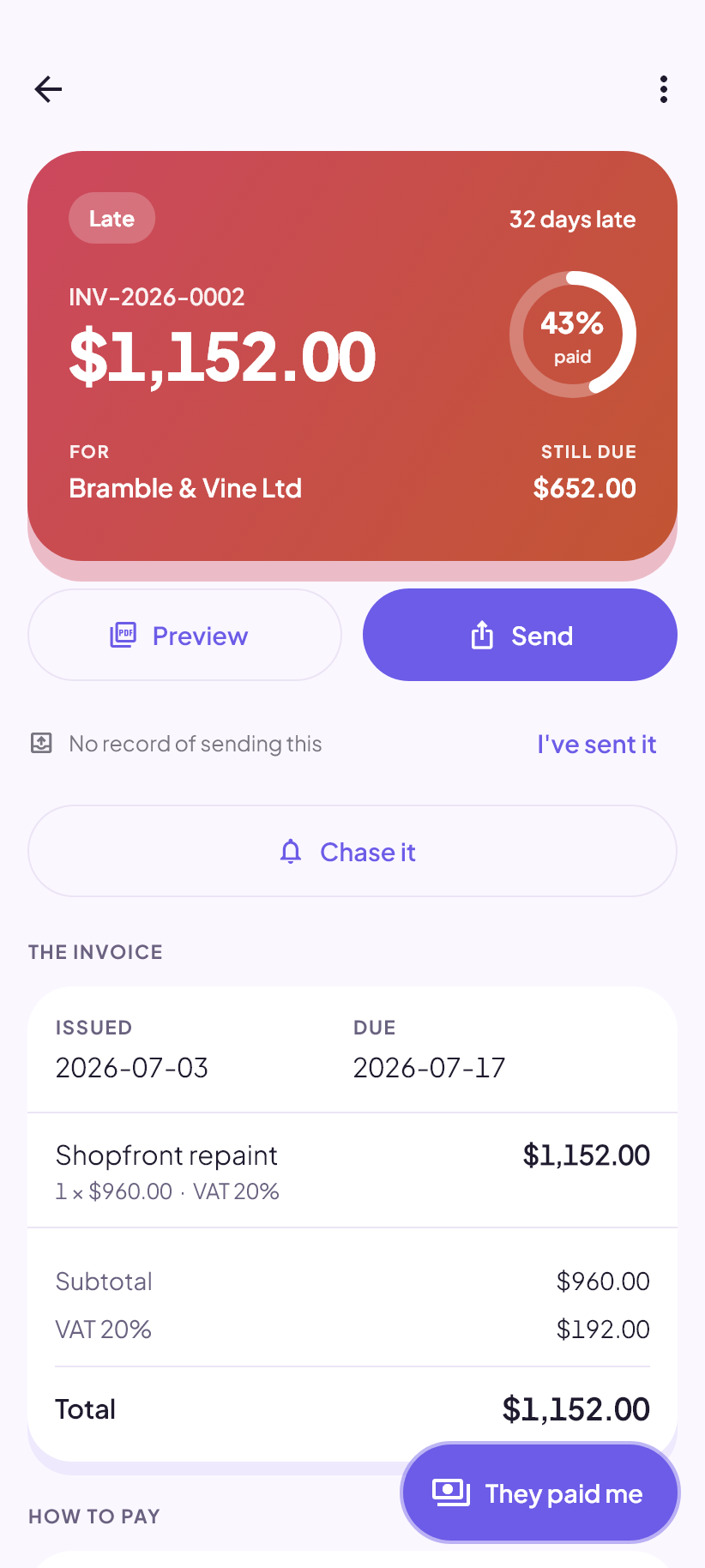A finished invoice with its payment button